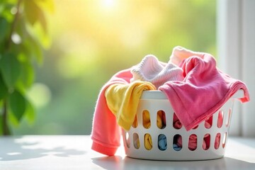Sunlit Laundry Basket Overflowing with Brightly Colored Clothes Clean, Fresh, and Joyful