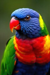 Macro shot of a rainbow lorikeet s iridescent feathers in sharp focus A macro, high resolution photograph of the head and neck of a rainbow lorikeet, emphasizing the intricate, shimmering iridescence