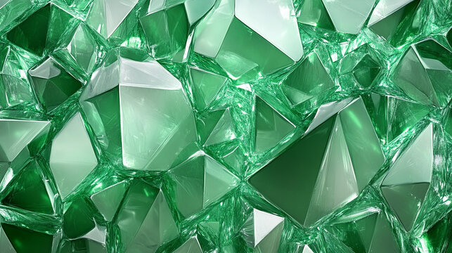 A 3D abstract green crystal background with faceted emerald textures in macro view, panoramic polygonal composition creating a vibrant, gem-inspired digital wallpaper.