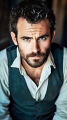 Obraz premium Vintage-styled Male Portrait with Beard in Vest and Shirt for Classic Fashion Look