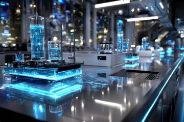 Fototapeta premium Futuristic Laboratory with Blue Neon Lights and Glassware