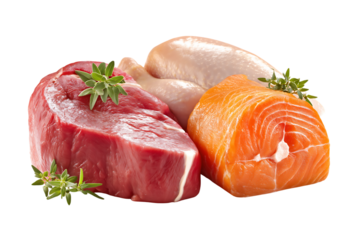 Ultimate Protein Selection: Fresh Beef, Salmon, and Chicken with Herbs isolated on a transparent background