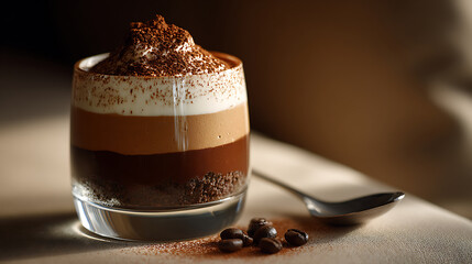 Decadent layered chocolate coffee mousse dessert in a glass with cocoa dusting