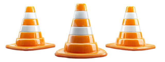 Three orange and white striped traffic cones stand on black