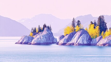 Tiny island with colorful trees surrounded by soft pastel water under pink morning sky Concept of dreamy travel and calm relaxation