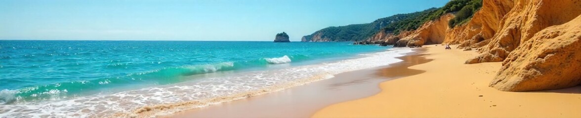 Fototapeta premium Sun-Drenched Costa Brava Beach Golden Sand, Turquoise Waters, Tranquil Coastal Scene. Perfect for travel and vacation imagery showcasing the beauty of the Spanish coast.