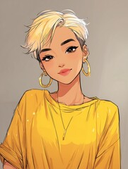 Stylized digital portrait of smiling girl with short blonde hair and yellow shirt Concept of cheerful optimism and youthful art style