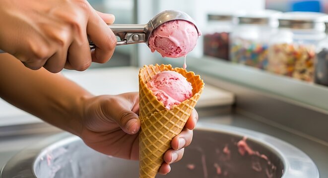 Scooping delicious strawberry ice cream into a crispy waffle cone