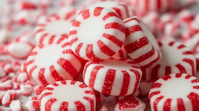 Close-up of a pile of round, white mint candies with red stripes on a light surface