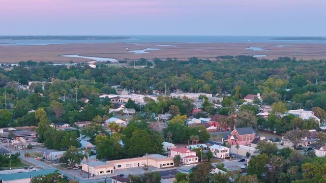 Aerial landscape of coastal downtown Brunswick city summer sunset in southeast coast of Georgia