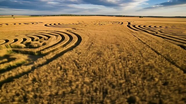Aerial view of crop circles in a golden field under a blue and cloudy sky