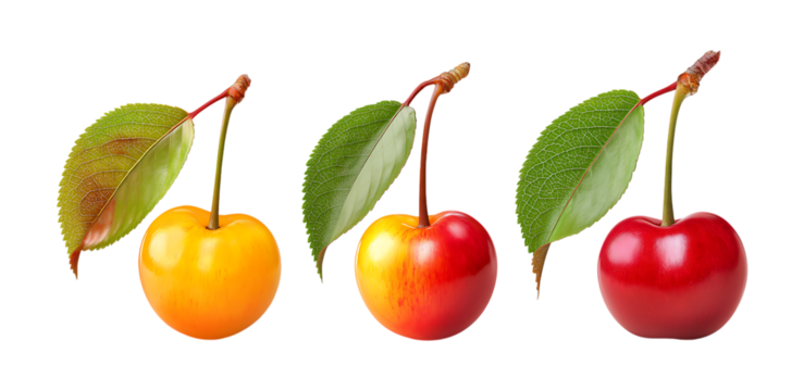 Three Varieties of Sweet Cherries isolated on a transparent background: Yellow, Bicolor, and Red