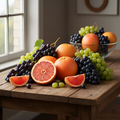 Assorted Fresh Fruits on Wooden Table by Window Light