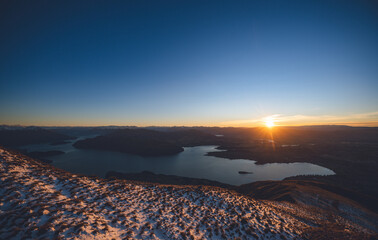 Sunrise Over Lake Wanaka from Roys Peak Summit in Early Autumn, New Zealand