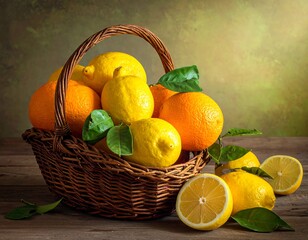 A rustic still life of citrus fruits overflowing a woven basket