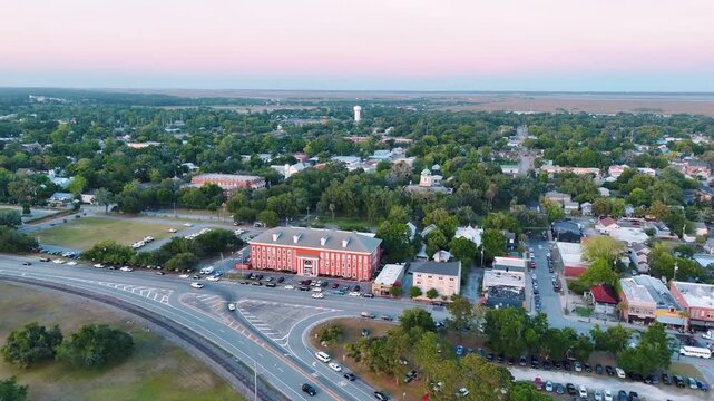 Aerial landscape of coastal downtown Brunswick city summer sunset in southeast coast of Georgia