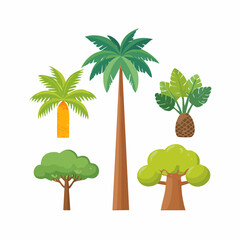 Obraz premium Tropical trees and plants illustration featuring palm, pineapple, and various tree species in a serene landscape