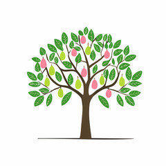Obraz premium A brown tree with green leaves and pink and green pears standing alone outside in a serene environment viewed from the front