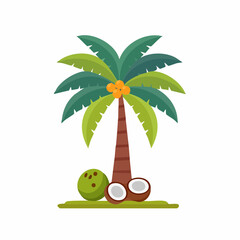 Vector illustration of a single coconut tree standing tall on white background with tropical leaves and summer beach vibe 