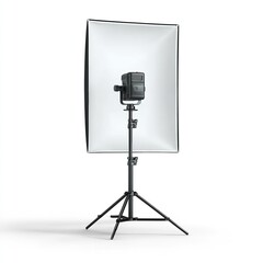 Studio lighting setup isolated on white background featuring a softbox on a tripod, ready for a photoshoot