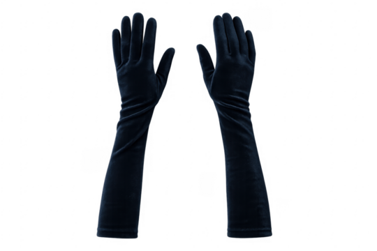 Black velvet long evening gloves on transparent background