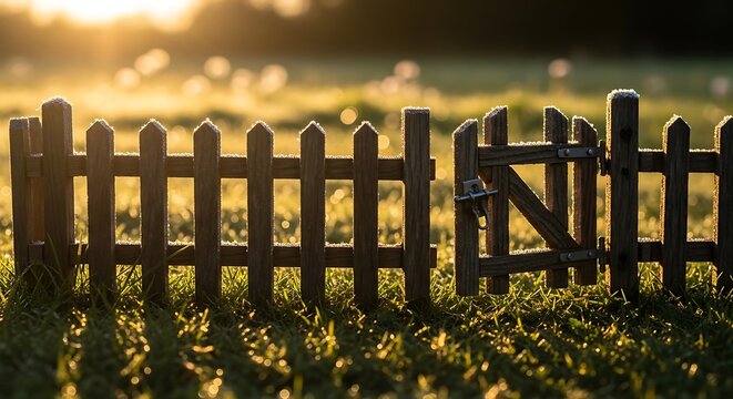 Rustic wooden fence illuminated by the vibrant dawn's gentle sunlight