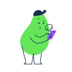 Vector illustration in trendy flat simple linear style, funny mascot hold phone, friendly sticker and badge for advertising, social media