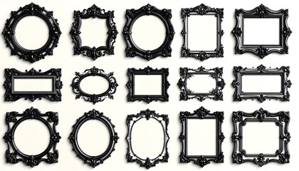 Collection of ornate black picture frames on white background