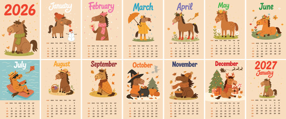 Fototapeta premium Horse calendar for 2026 with vector grid calendar with cartoon horses and seasonal illustrations for each month of the year in a flat vector style. 12 horses for each month.
