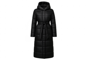 Black quilted long hooded puffer coat with belt