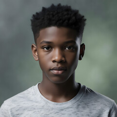Obraz premium Studio portrait of a young African boy wearing a light gray shirt, serious expression, looking confidently into camera against soft green background