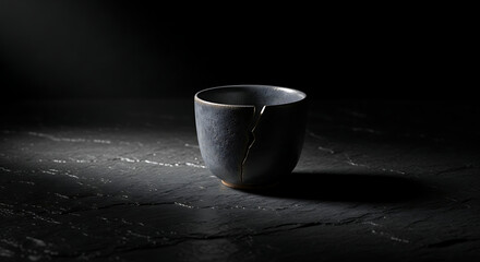 Japanese Kintsugi ceramic cup repaired with gold, a still life symbolizing the wabi-sabi philosophy of embracing imperfection and flaws