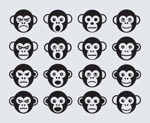 Collection of sixteen monkey emoji faces expressing different emotions in black,  vector illustration