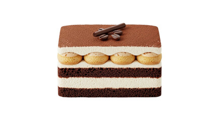 Isolated Tiramisu cake with chocolate decoration, popular Italian dessert layered with sponge cake