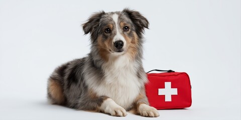 Australian shepherd dog with red first aid kit on white background