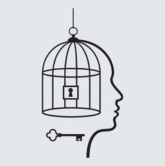 Conceptual illustration of mental prison with a key and human profile,  vector illustration