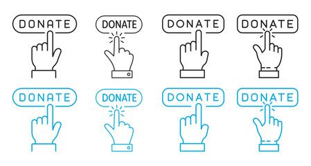 Donate button with hand cursor online giving concept vector illustration, line art