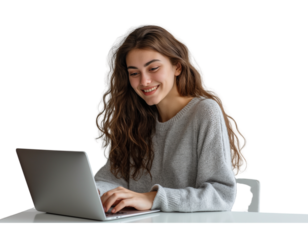  young woman sits at a table, typing on a laptop computer,  against a white background. a happy young girl uses  works online  a notebook . a portrait of a  female student in casua ,  away while shopp