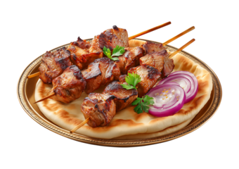 Juicy Grilled Shashlik Skewers with Pita and Red Onion isolated on a transparent background