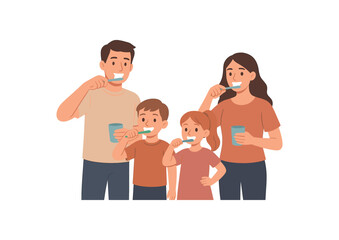 children brushing teeth family life flat vector illustration style isolated on white background