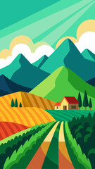 Illustration of a rural landscape with mountains fields house and a sunny sky in cartoon style