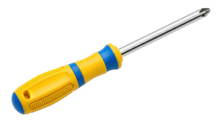 Isolated screwdriver with a blue and yellow handle, a manual hand tool for repair work