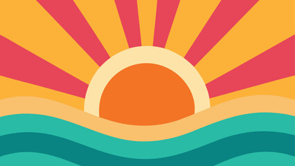 Retro stylized sun rising over wavy ocean illustration with radiating sunbeams design element scene