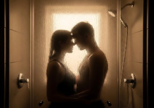 Romantic couple embracing intimately in steamy shower, sharing a loving moment, perfect for relationship and intimacy themed campaigns, or promoting self-care - Powered by Adobe