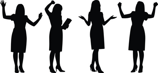 Woman silhouette illustration, expressive body language poses, fashion dress art, gesture design, emotional posture, black and white artwork