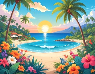 A serene beach scene under a sunny sky, tropical flowers in the foreground