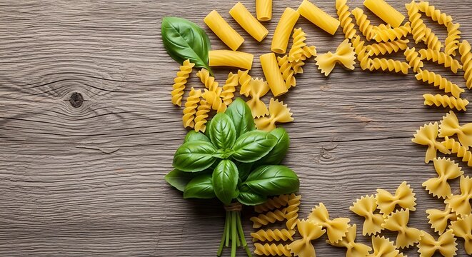 Rustic italian cuisine featuring pasta assortment and vibrant basil on aged wood backdrop