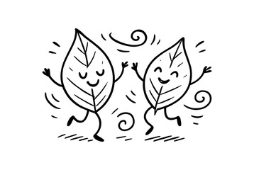 Fototapeta premium doodle illustration of two leaves dancing together the breeze clean black and white line art with slightly hand drawn strokes simple and lively style on white background