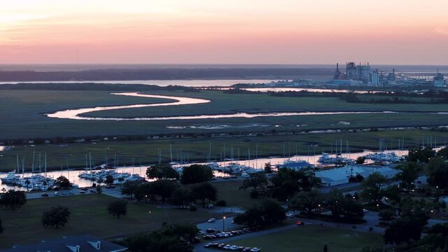 Aerial landscape of coastal wetlands summer sunset in Brunswick city southeast coast of Georgia