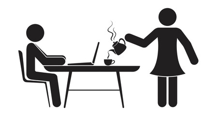 Stick Figure Working on Laptop with Tea Service Illustration Graphics,  vector illustration